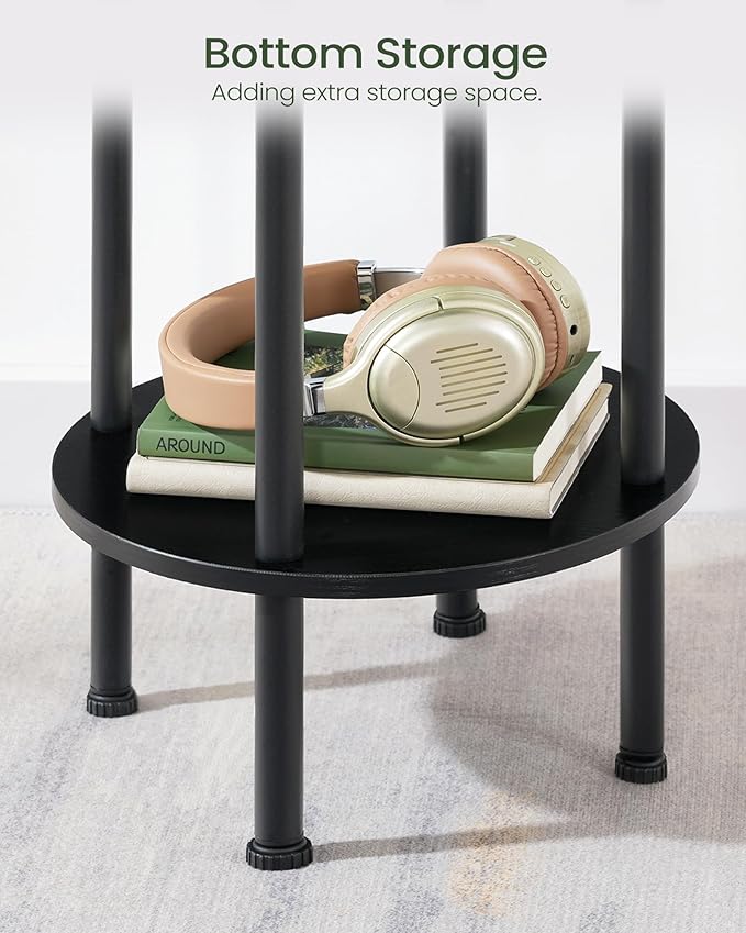 Round Side Table, 2-Tier End Table, Small Round Nightstand with Sturdy Metal Tube, Industrial Coffee Table Round, for Living Room, Bedroom, Black TBZ01BB