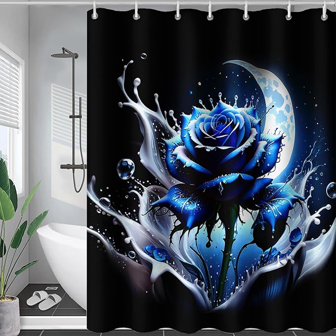 AILONEN 3D Rose Shower Curtain for Bathroom, Evening Moon Blue Rose Bath Curtain for Girls Women, Modern Floral Print Minimalism Shower Curtain Waterproof with 12 Plastic Hooks 36" W*72" H