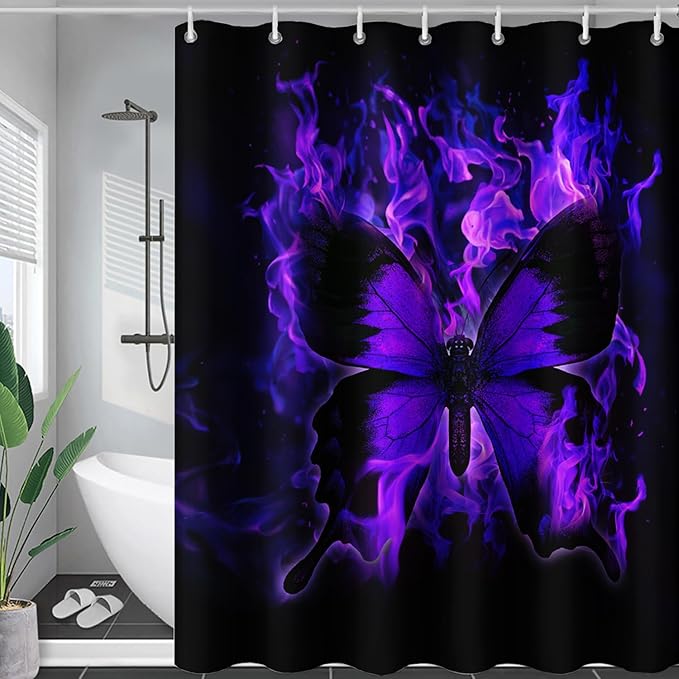 AILONEN Butterfly Shower Curtain for Bathroom, Purple Fire Butterfly Bath Curtain,Minimalism Fashion Bathroom Curtain,72" W*72" H Polyester Waterproof with 12 Plastic Hooks