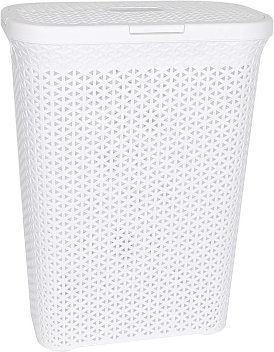YBM Home Plastic Rattan Laundry Hamper Basket with Hinged Lid, Ventilation Holes, Durable, Lightweight Bin With Cutout Handles, Storage Dirty Clothes, Space Saver, 10.5" x 17.5" x 23.75", White