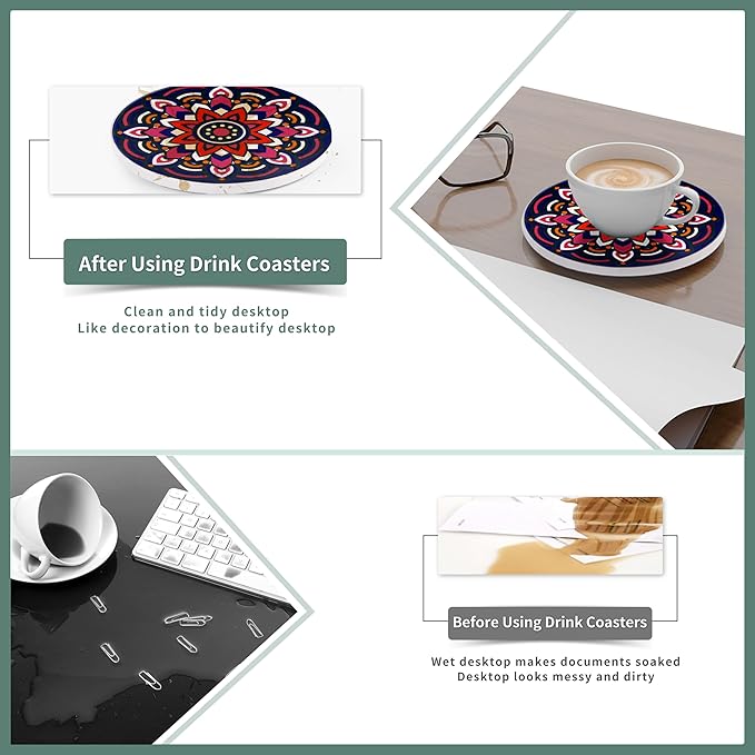Mandala Drink Coasters, 6 Sets of Ceramic Boho Coaster for Drinks Absorbent with Holder, Reusable Drink Coaster for Colorful Decor(Purple Red), Thanksgiving and Housewarming Gifts(4 Inches)