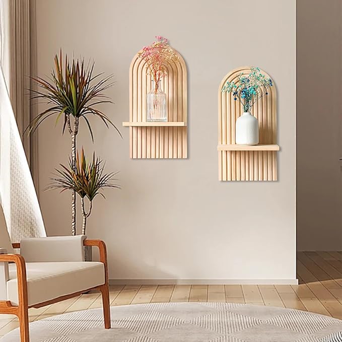 YIYA 2 Pcs Boho Wooden Rainbow Wall Shelves Floating Shelves for Wall Rainbow Arch Boho Floating Shelves Modern Boho Wall Shelf for Living Rooms Bathroom Display, Beige