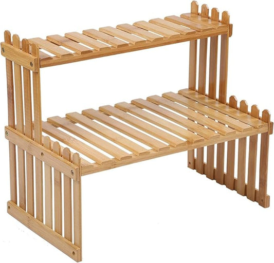 14.6"/18.5" 2 Tiers Bamboo Plant Stand Shelf,Desk Flower Pot Holder,Adjustable Desktop Shelf Display Organizer Ladder Rack For Office Decorate Storage Rack,Kitchen rack (18.5" Length)