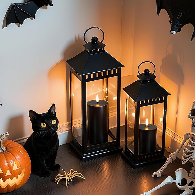 Homemory Halloween Black Flameless Candles Battery Operated with Remote Timer, Real Wax LED Pillar Candle for Halloween Decoration Indoor and Home Decor Gifts, H456, Set of 3