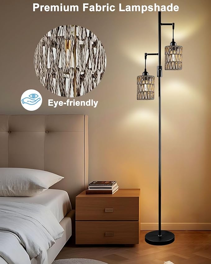 Lightdot 65" Dimmable Floor Lamp for Living Room, Industrial 2-Light Tree Floor Lamp with Black Rattan Cages, Bohemian Tall Standing Lamps, Modern Floor Lighting for Bedroom Office, E26 Base