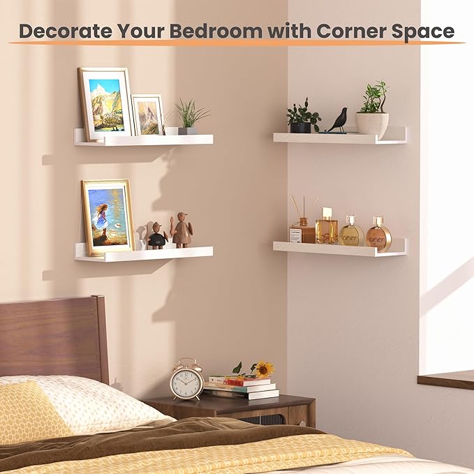 upsimples Floating Shelves for Wall, Wall Shelves for Decor Storage Set of 6, Wall Mounted Wood Shelves for Bedroom, Living Room, Bathroom, Kitchen, Picture Ledge Shelves, White
