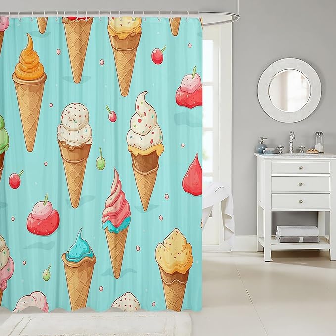 Feelyou Ice Cream Fabric Shower Curtain for Girls Boys Kids Blue Cartoon Bathroom Waterproof Accessories with 12 Hooks Cherry Shower Curtain Yummy Food Curtains,72x72 Inches