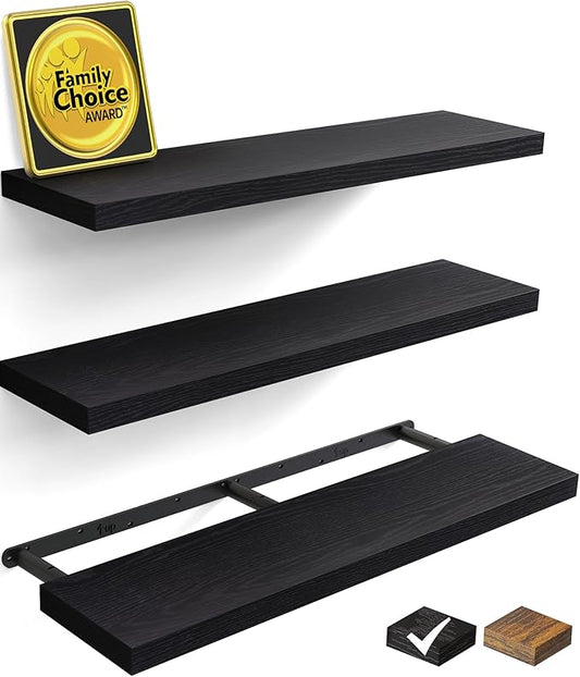 BAYKA Floating Shelves for Wall, 36 inches Wall Mounted Rustic Wood Shelves for Bathroom, Bedroom, Living Room, for Books/Storage/Decor with 22lbs Capacity（Black,Set of 3