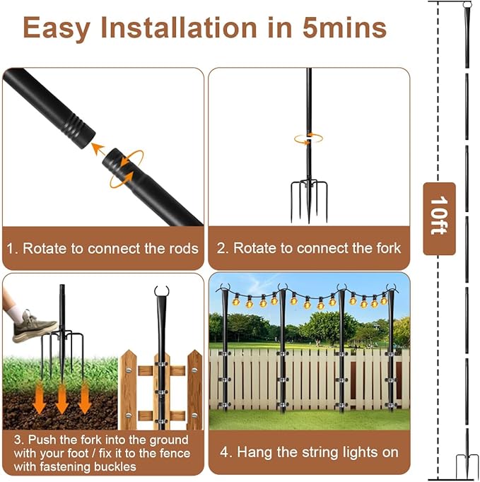 6 Pack String Light Poles for Outside, 10ft Heavy-Duty Metal Light Poles for Outdoor String Lights with Fork, Adjustable Lighting Accessories for Patio Decor Backyard Yard Pergola Garden Decorations