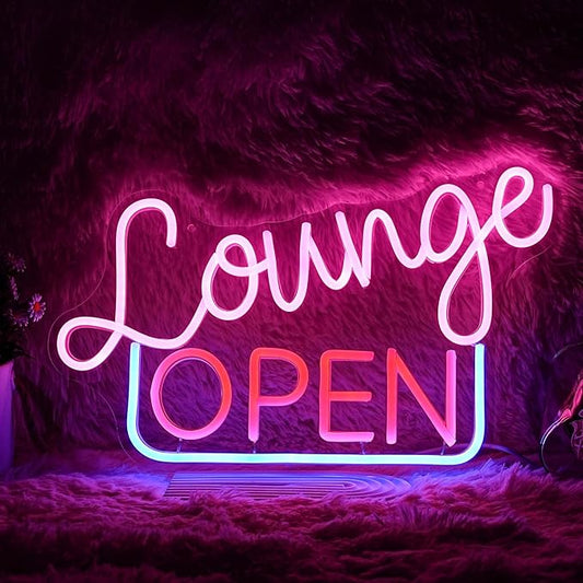 Dimmable Lounge Open Neon Sign Led Lounge Neon Lights for Wall Decor Cool Letter LED Sign Business Light Up Signs for Bar Store Hotel Party Decoration(16.7’’X10.4’’）