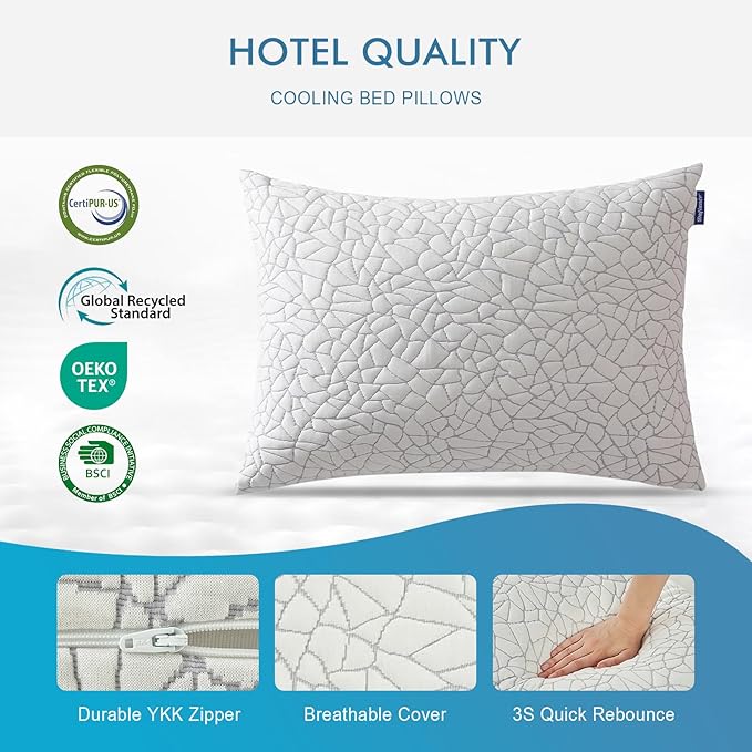 Dafinner Adjustable Shredded Memory Foam Pillows Standard/Queen Size - 100% Removable Cover from Bamboo Derived Rayon, Cooling Medium Bed Pillows for Side Stomach & Back Sleepers - Pack of 2, 20"x28"