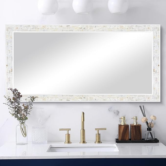 Tanmicoshomy 24 x 47Inch Rectangle Wall Mirror, Natural Shell Framed Rectangular Mirror for Bathroom, Vanity, Bedroom, Living Room, Entryway, Wall Mounted Horizontal or Vertical, White