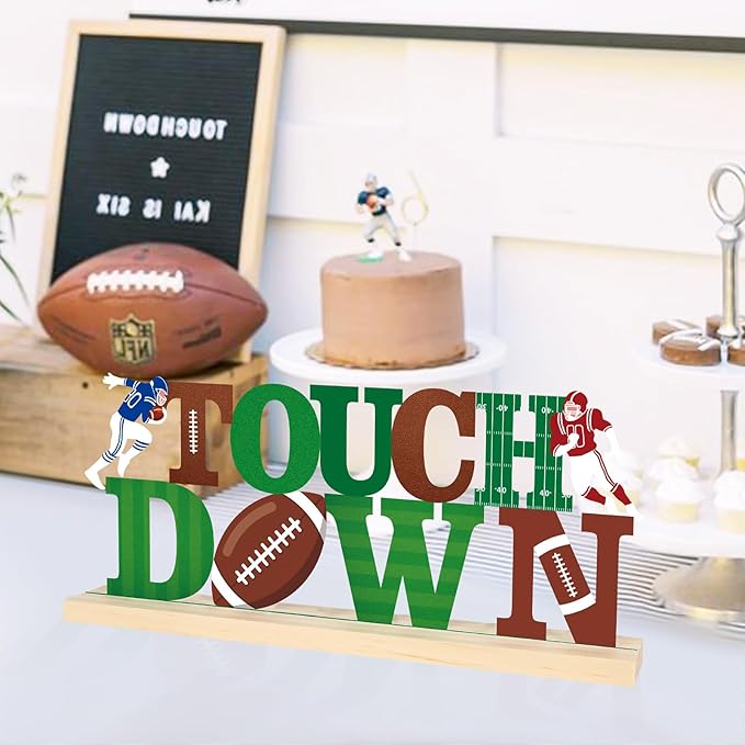 COCHIE Metal Football Touch Down Sign, Green Super Football Bowl Game Party Decorations for Home, Office, Shelf, Mantel, Indoor, Touch Down Table Toppers Decor (Superbowl)
