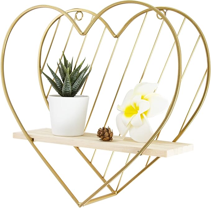 Afuly Floating Shelf Wall Mounted Gold Heart Shaped Hanging Shelves for Wall Modern Minimalist Shelf Storage Organizer Rack for Bedroom Living Room Nursery Room Decor Christmas