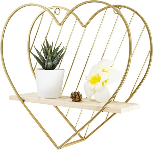 Afuly Floating Shelf Wall Mounted Gold Heart Shaped Hanging Shelves for Wall Modern Minimalist Shelf Storage Organizer Rack for Bedroom Living Room Nursery Room Decor Christmas