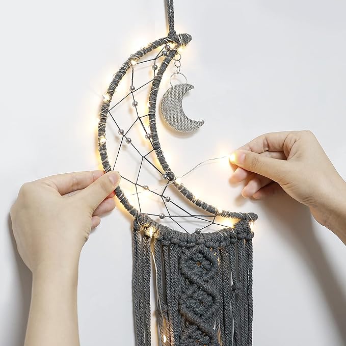 Dremisland Macrame Woven Wall Hanging Moon Dream Catcher- Boho Chic Bohemian Home Decor Wall Art Decor Beautiful Apartment Dorm Room Door Decoration (Moon-Grey)