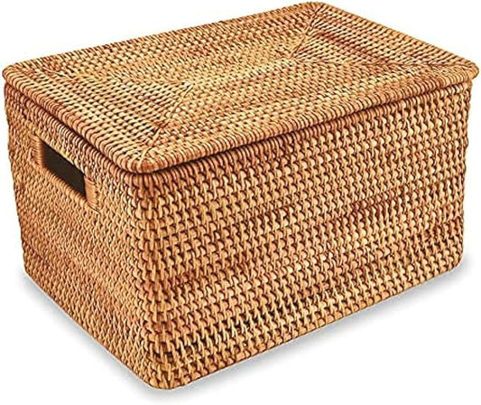 Rattan Basket With Lid, Large Lidded Basket For Storage(15.3" L×11.4"W×9.5"H)