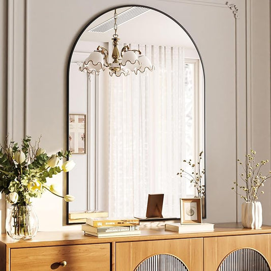 Arched Wall Mirror, 38 x 26 inch Arch Bathroom Mirror, Wall Mounted Vanity Mirror with Arch Metal Frame, Modern Bathroom Vanity Mirror for Bedroom, Living Room, Hanging or Leaning, Black