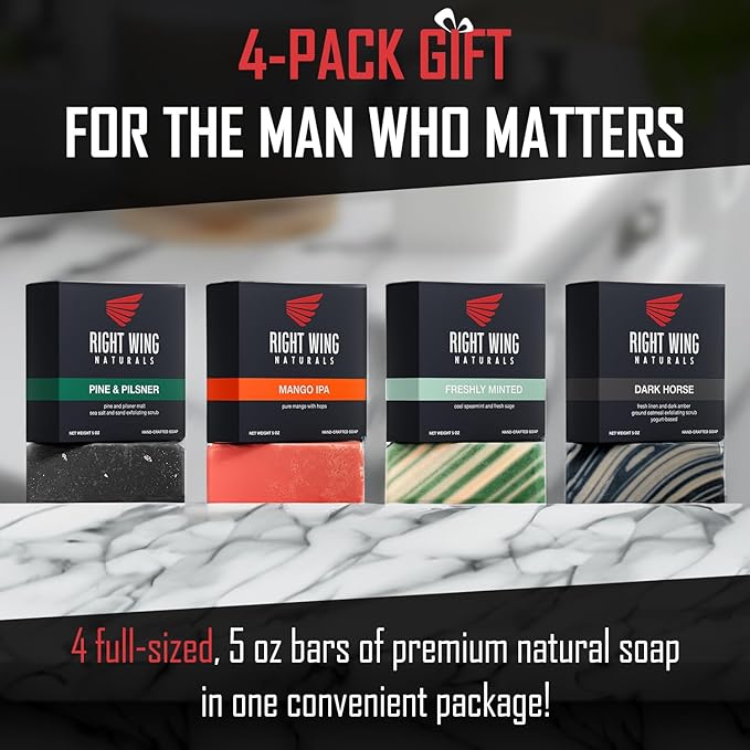 Right Wing Naturals Bar Soap Gift Set for Men | Handcrafted Cold-Pressed | Handmade Organic Soap for Men | Most Popular Flavors | Natural Scented Men’s Bar Soap| Pack of 4 Bars