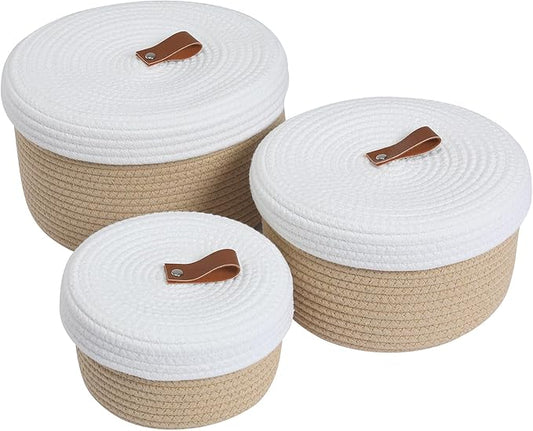 Cottonphant Set of 3 Stylish Round Woven Baskets with Lids - Elegant Storage Solution for Home Decor and Organization - Compact Shelf Baskets (Beige/White Lid, 10"x6"-8"x5"-6"x4")