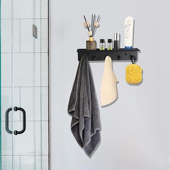 Bathroom Towel Rack Wall Mounted, Rustproof Aluminium Shelf with 5 Bath Robe Hook, Decor Display Storage, Hot Tub Accessories, Hanging Hanger for Hat, Key, Bag Holder, Bathtub