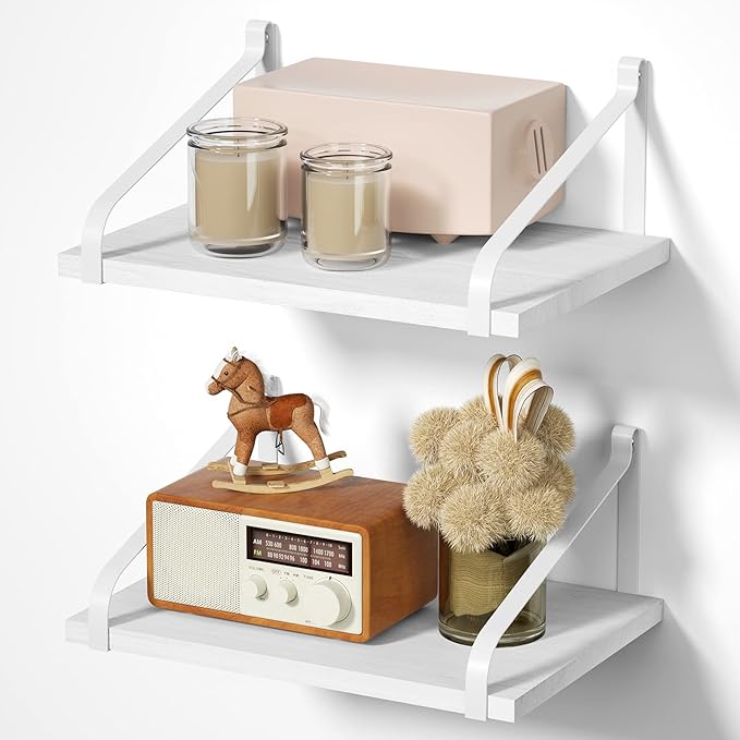 Love-KANKEI Floating Shelves Wall Mount Rustic Solid Wood Wall Shelves with Large Storage L16.5 x W12 inch for Kitchen Living Room Bathroom Bedroom Set of 2 White and White Brackets