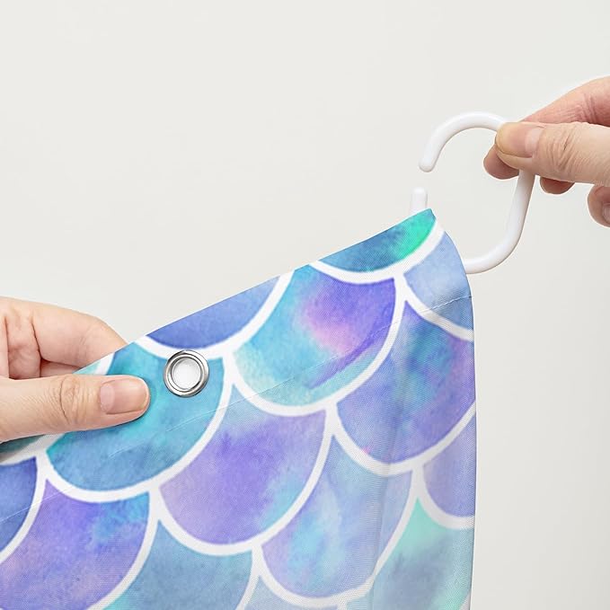 AILONEN Mermaid Shower Curtain,Watercolor Whale and Mermaid Bath Curtain,Beautiful Mermaid Princess Shower Curtain Ocean Fish Scale Print Curtain Waterproof with 12 Plastic Hooks, 48" W*72" H