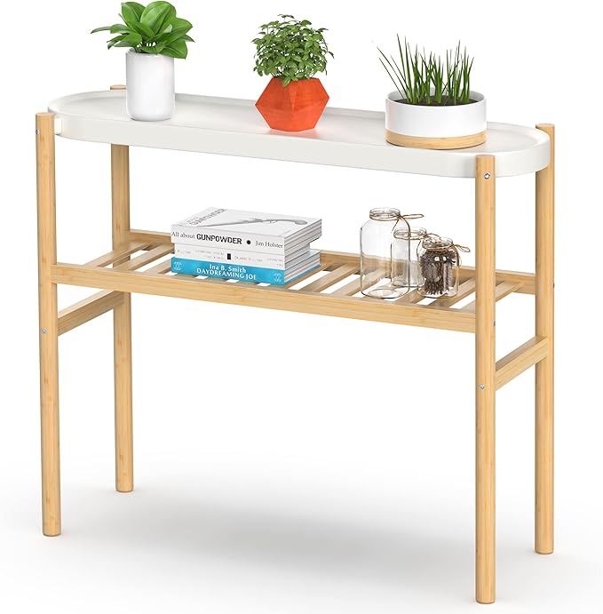 Bamboo Plant Stands Indoor, 2 Tier Steel Tray Plant Table Tall Corner Multiple Plant Holder Display Rack for Outdoor Garden Home