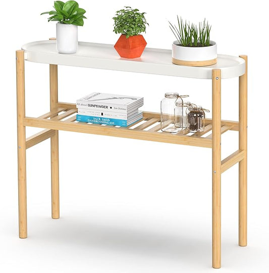 Bamboo Plant Stands Indoor, 2 Tier Steel Tray Plant Table Tall Corner Multiple Plant Holder Display Rack for Outdoor Garden Home