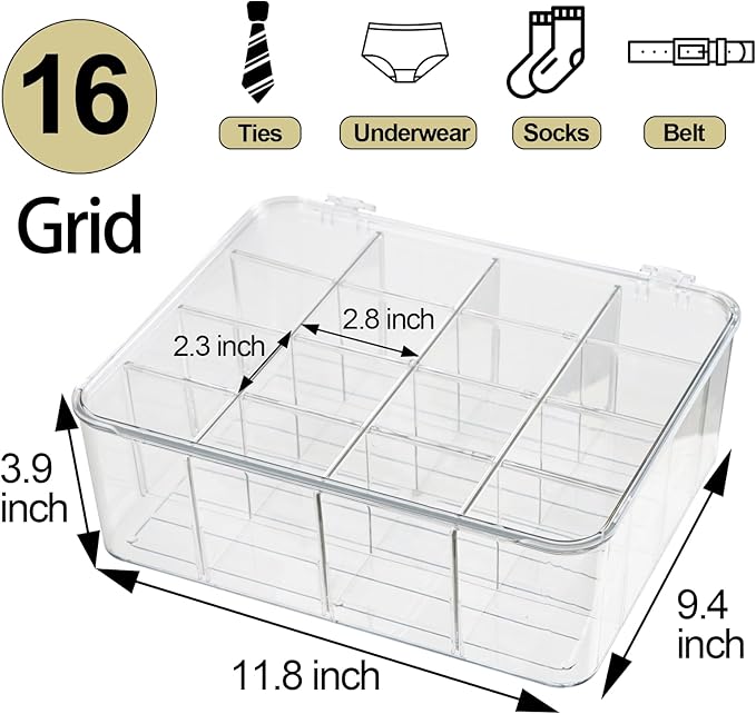Socks Underwear Drawer Organzier Dividers, 16 Compartment Removable Divided Plastic Storage Bin with Lid, Storage Organizer for Scarves Ties Bras, Clear Dresser Drawer Organizers