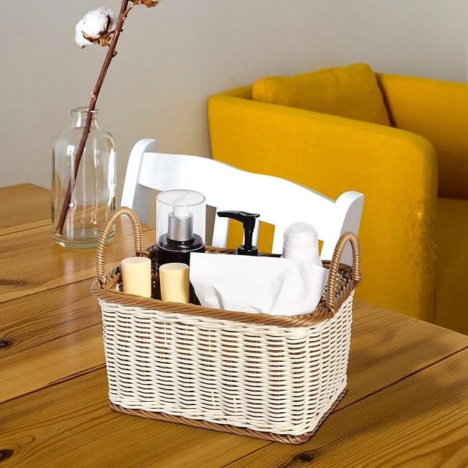 Silverware 4- compartment storage basket woven rattan- desktop basket rectangular organiser box shelves& desks decorative basket for sundries stationery cosmetics Utensil