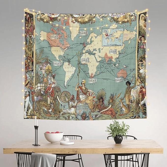 World Map Tapestry Wall Hanging for Kids Student 60 x 51Inch, World Map with Countries and Major Cities Tapestry Educational Wall Decorative Cloth for Bedroom Living Room Dorm Home Decoration