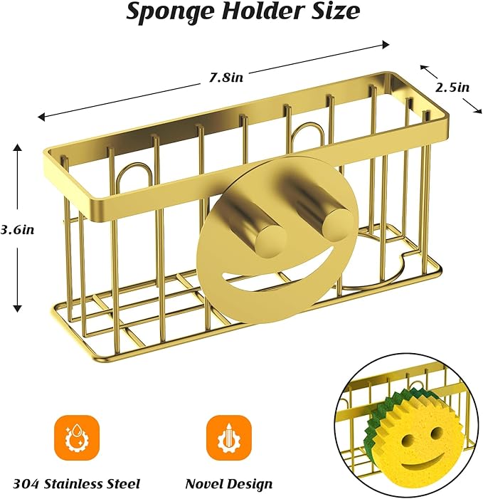 Sponge Holder Smiley Face, Sink Caddy for Kitchen Sink, Sink Organizer Sponge Holder with 2 PCS Suction Cups/1 PCS Adhesive Strips, Designed for Sponge, Soap, Dish Brush, Scrubber-Gold
