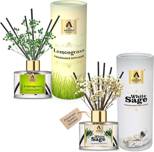 The Aroma Factory Fragrance Reed Diffuser Set with Natural Essential Oil, Aroma Sticks & Real Preserved Flowers | Luxury Home Decor Scent (Lemongrass & White Sage, 2 Pack)