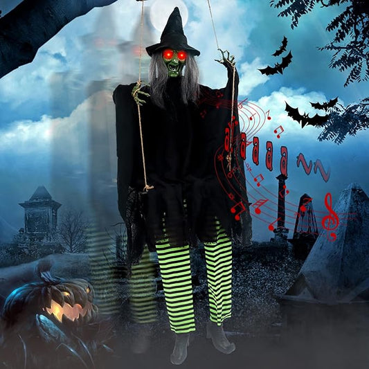 Scary Halloween Decorations Outdoor, Halloween Hanging Swinging Witch with Sound & Slap Activated, Light Up Eyes Creepy Sound Expressions, Large Scary Halloween Decor Props for Indoor Outside