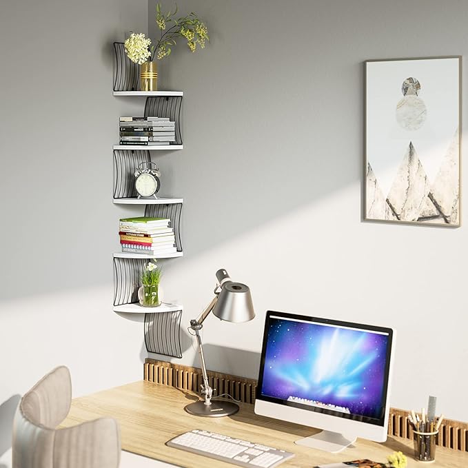 Love-KANKEI Corner Shelf Wall Mount of 5 Tier Rustic Wood Floating Shelves for Bedroom Wall Shelves Living Room Bathroom Kitchen Office and More Rustic White