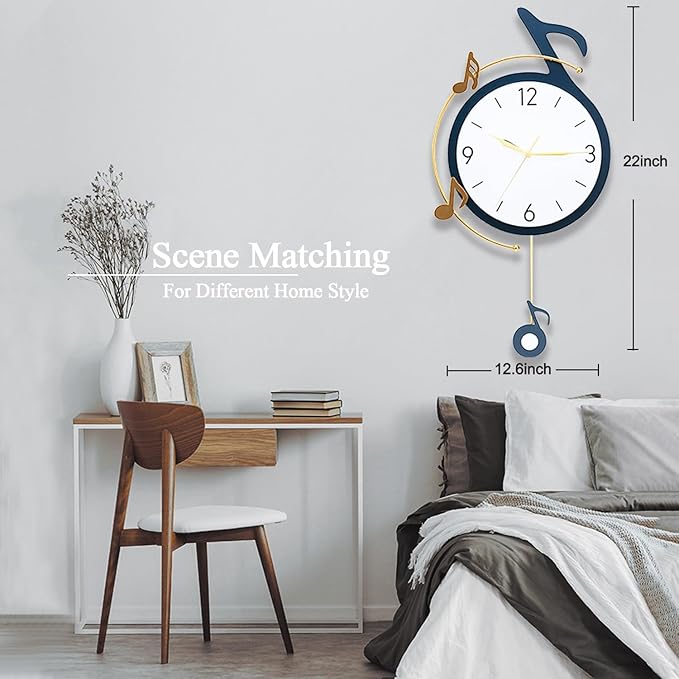 Decorative Quartz Wall Clock with Pendulum, Battery Operated, Music Note Art for Living Room, Kitchen, Home, Bathroom, Bedroom Decor, 12.6x22 Inch