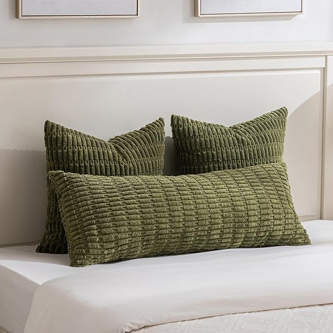 Fancy Homi 4 Packs Boho Moss Green Decorative Throw Pillow Covers 26x26 Inch for Couch Bed Sofa, Rustic Modern Farmhouse Home Decor, Soft Plush Corduroy Cute Square Cushion Case 66x66 cm