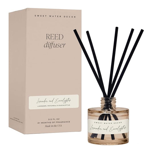 Sweet Water Decor Lavender and Eucalyptus Reed Diffuser – Room Decor Aesthetic with Long-Lasting Premium Fragrance of Lavender, Patchouli, and Eucalyptus for 4 Months – Ideal for Home Decor