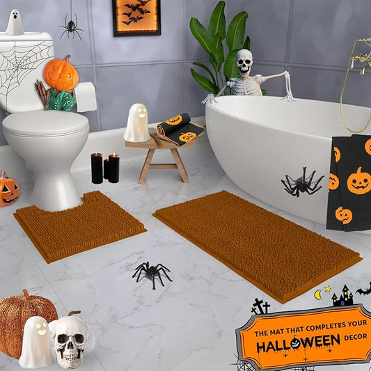 Bathroom Rugs Sets 2 Piece, Luxury Chenille Bath Mat Set, Soft Plush Anti-Slip Bath Rug + U-Shaped Toilet Mat. Microfiber Shaggy Carpet, Super Absorbent (24” x 36” & 20” x 24” U, Pumpkin)