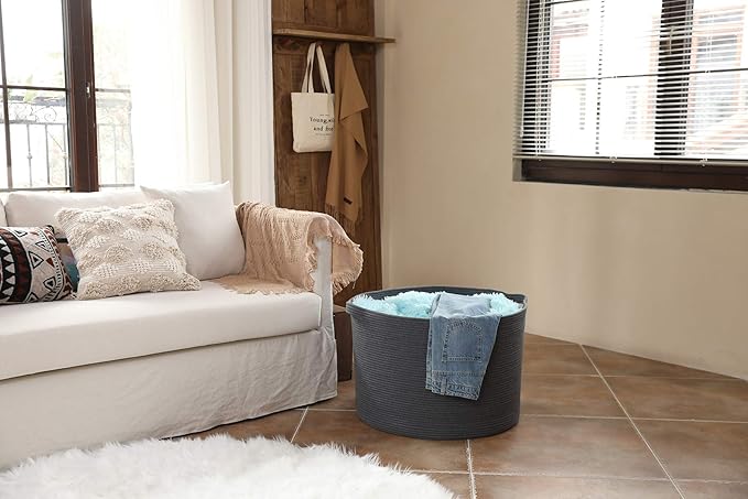24" x 24" x 17" Max Size Large Cotton Rope Basket, Extra Large Storage Basket, Woven Laundry Hamper, Cloth Storage Bin, for Blankets Clothes Towels Pillows in Living Room, All Dark Grey