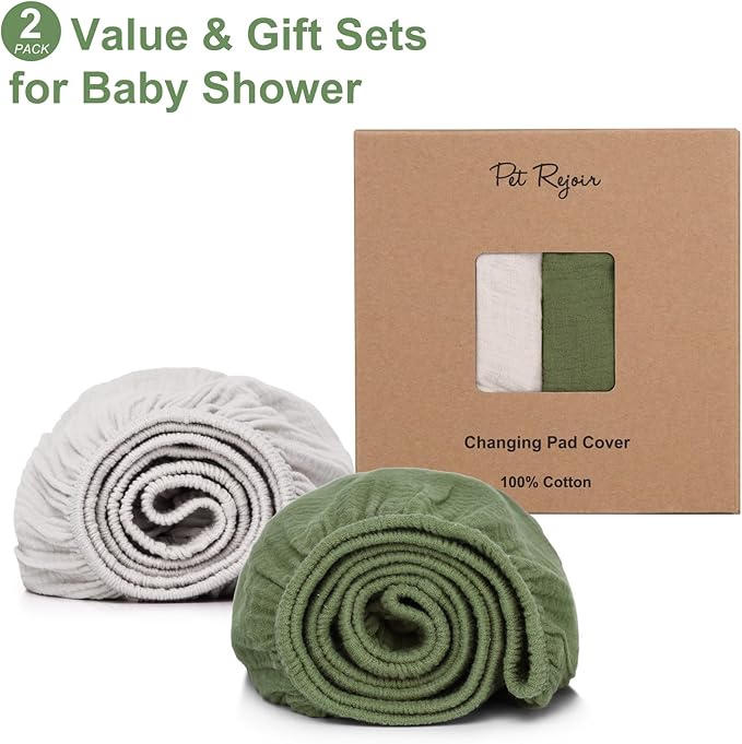 Muslin Changing Pad Cover for Baby Girls Boys-2 Pack 17"x 33" Cotton Soft Breathable Diaper Changing Pad Cover-Breathable Changing Pad Sheets-Neutral Boho Baby Showers Gift-Olive Green & Beige Colors