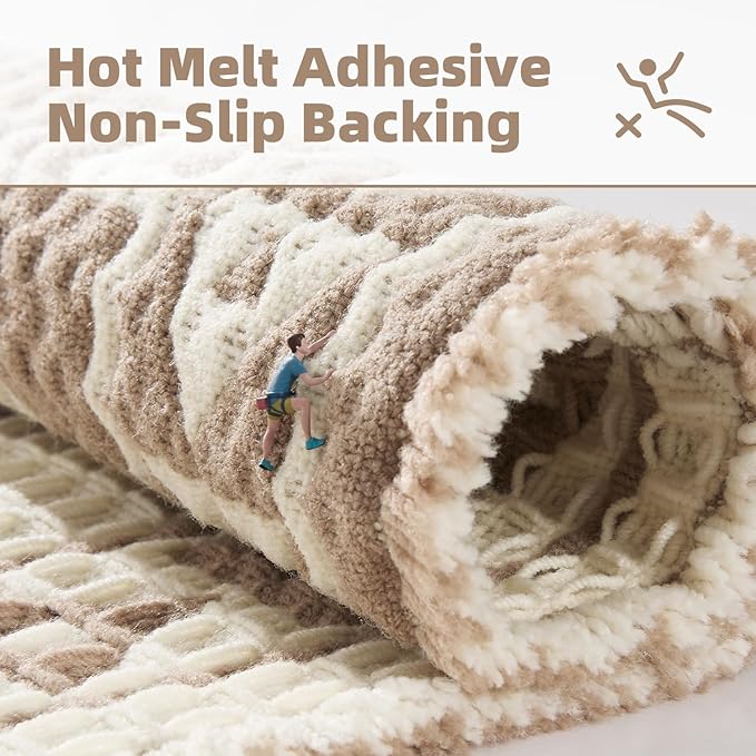 PADOOR-Waffle Bathroom Runner 24"x72", Super Absorbent Bath Mats for Bathroom, Machine Washable Non Slip Bath Rug with Tassels, Soft Bath Mat for Laundry Room, Bedroom, Cream & Brown, 2'x 6'