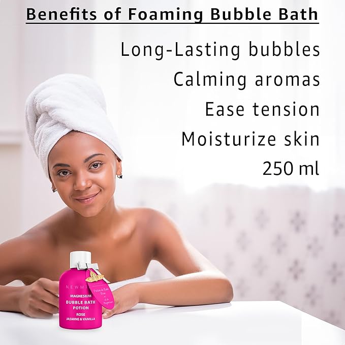 Magnesium Bubble Bath Rose Jasmine Vanilla Long Lasting Foam for Sore Muscles Epsom Salt Moisturizing Relaxing Stress Relief Spa Gift for Women