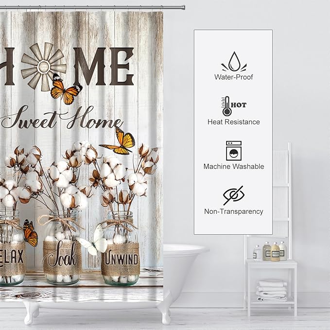 Rustic Farmhouse Shower Curtain Cotton Flowers Shower Curtains for Bathroom Decor Waterproof Polyester Fabric Relax Soak Unwind Floral Bathroom Curtain with Hooks 72x72 Inch