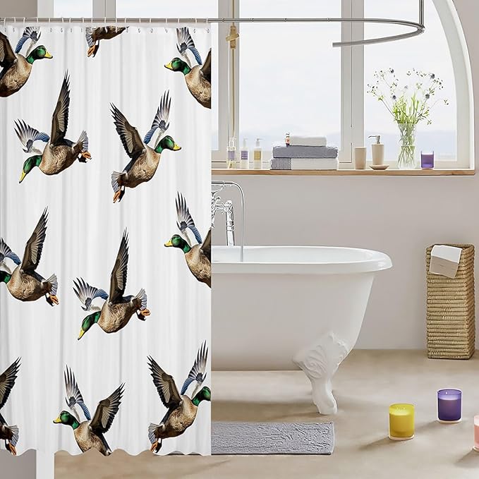 Manfei Ducks Kids Shower Curtains,Rustic Animals Hunting Adventure Bathroom Curtains for Girls Boys,Swimming Bird Farmhouse Country White Waterproof Curtains,12 Hooks Suits,72" W x 84" L