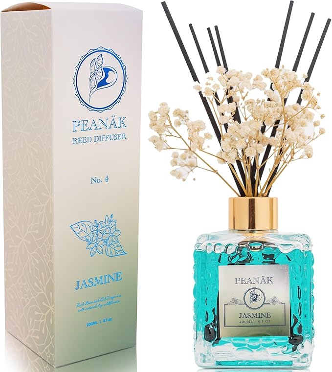 Reed Diffuser Set - Jasmine Amber Oil, Oil Diffuser Sticks, Bathroom Diffuser, Bathroom Decor, 200ml with Preserved Flowers - PEANÄK