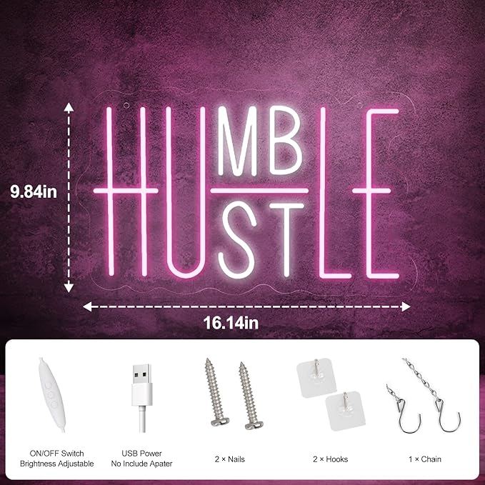 Hustle LED Neon Sign for Wall Decor, Humble LED Neon Lights for Party Decorations, USB Powered Switch Adjustable Brightness Lights, for Office Room, Gym Room, Man Cave Decor (Pink&White)