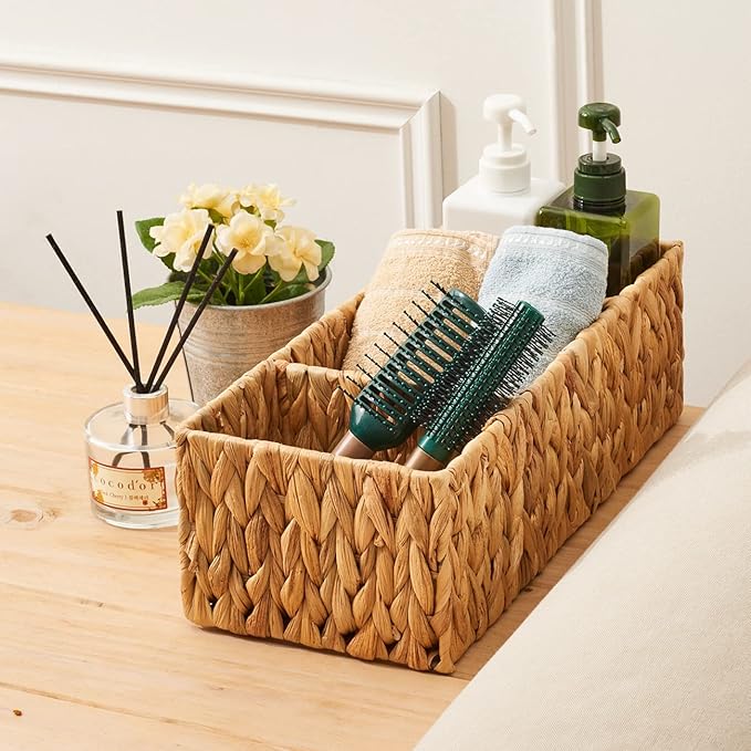 EZOWare 3 Section Natural Water Hyacinth Storage Baskets, Woven Wicker Divided Organizer Bin for Organizing Bathroom, Toilet Tank Top, Vanity Countertop, Kitchen Pantry - Set of 2