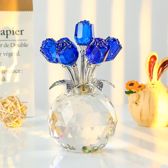 Blue Rose Flower Crystal Figurine with Vase, Bouquet Flowers Ornament Gifts for Wife Girlfriend Women , Handmade Crystal Flower Collectible Home Table Decor for Valentine's Day Wedding Anniversary
